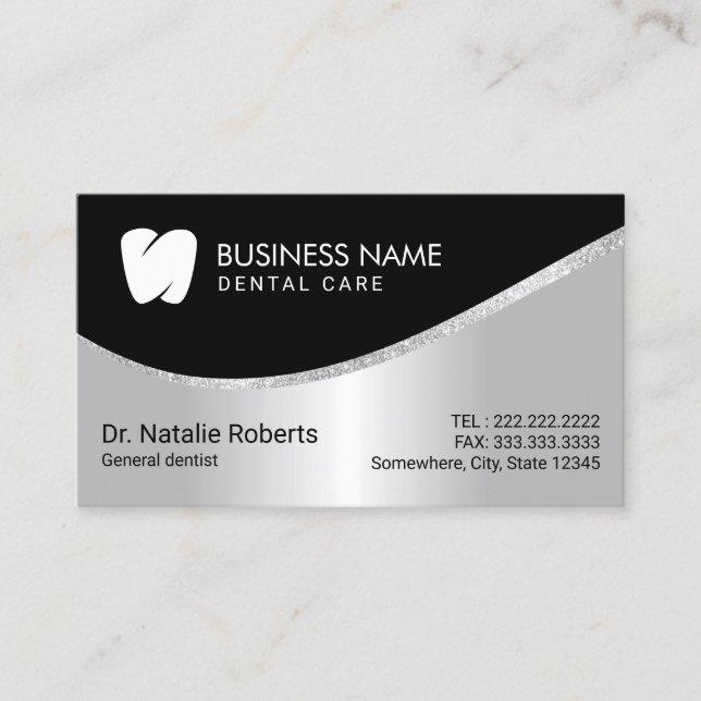 Dentist Modern Tooth Logo Silver Dental Care Appointment Card (Front)