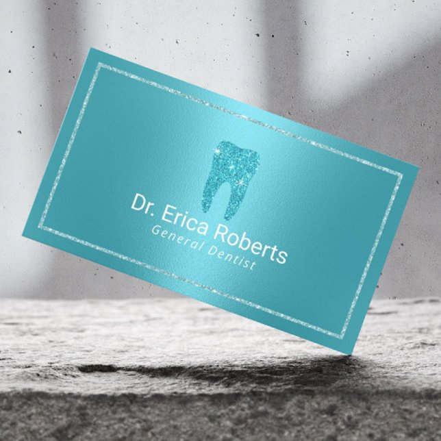 Dentist Modern Turquoise Metallic Dental Office Business Card (Creator Uploaded)