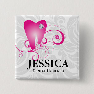 Dentist Name Tag Diamond Tooth Leaves Pink 15 Cm Square Badge