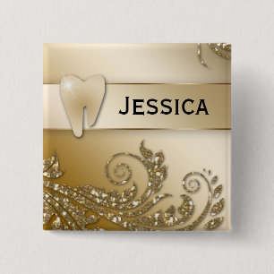 Dentist Name Tag Gold Glitter Tooth Leaves 15 Cm Square Badge