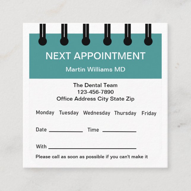 Dentist Office Appointment Reminder Business Cards (Front)