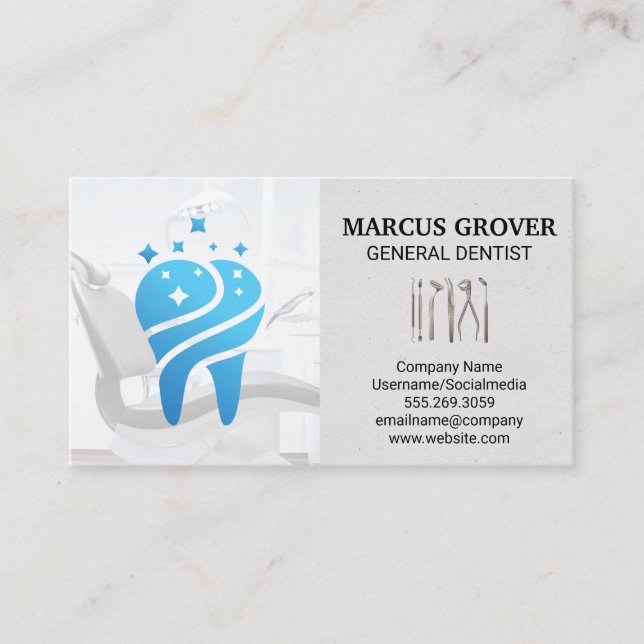 Dentist Office | Clean Blue Tooth | Dental Tools  Business Card (Front)
