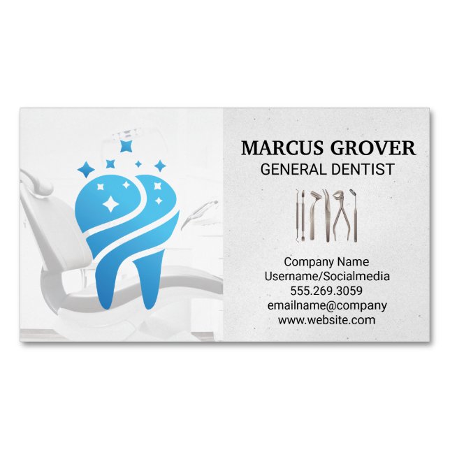 Dentist Office | Clean Blue Tooth | Dental Tools  Magnetic Business Card (Front)