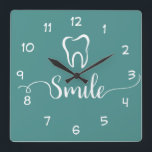 Dentist Office Clock<br><div class="desc">Modern Dentist office wall decor clock in a trendy design including a tooth symbol and smile graphic designed with stylish graphic typography and background colour you can change if you need to. Designed for a dental office to encourage smiling and a positive attitude.</div>