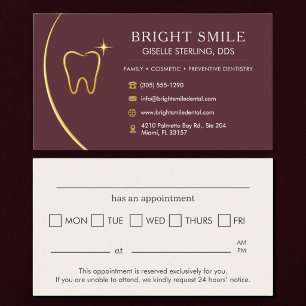 Dentist Office Tooth Gold Burgundy Appointment Business Card