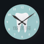 Dentist office wall clock with tooth logo<br><div class="desc">Dentist office wall clock with tooth logo and personalizable text for name or slogan. Great design for the waiting room of your dental clinic or hygienist practice.</div>