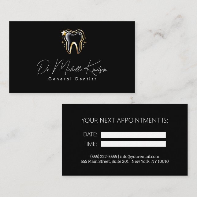 Dentist Professional Dental Appointment Black Gold Business Card (Front/Back)