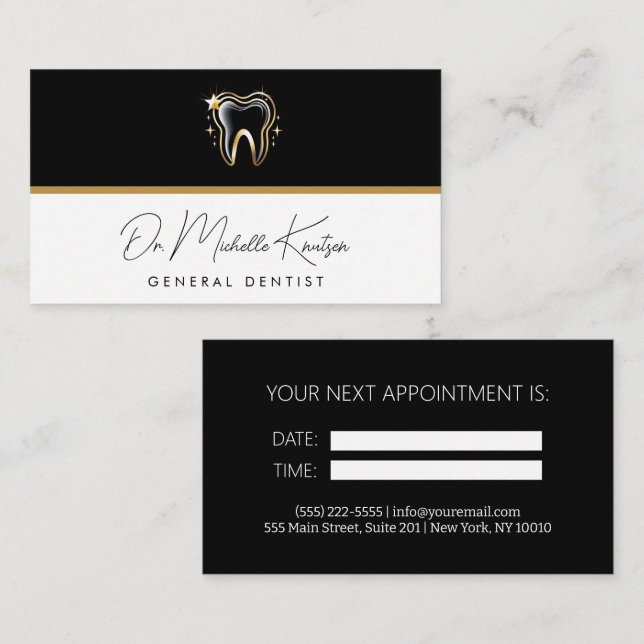 Dentist Professional Dental Appointment Black Gold Business Card (Front/Back)
