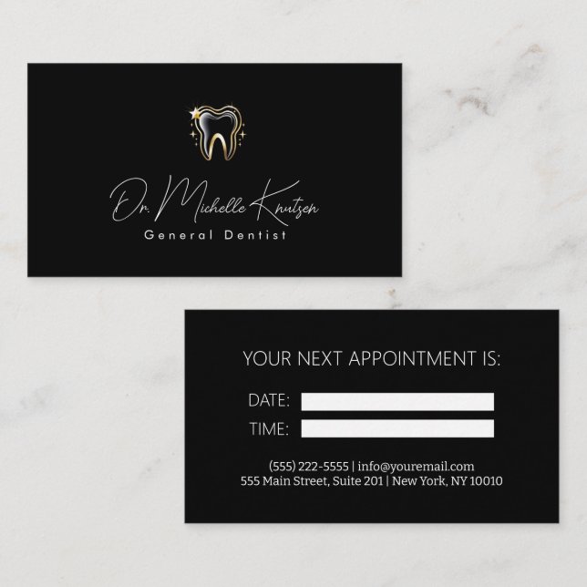 Dentist Professional Dental Appointment Black Gold Business Card (Front/Back)