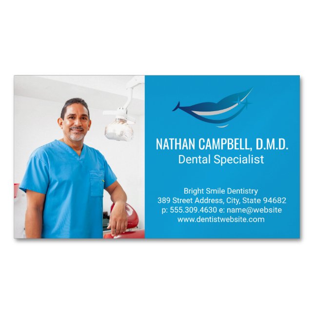 Dentist Smiling in Office Magnetic Business Card (Front)