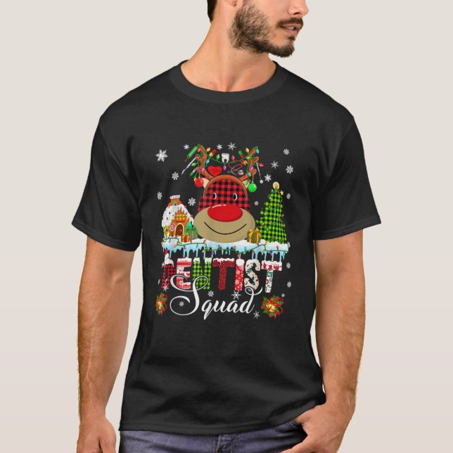 Dentist Squad Christmas Lights Red Plaid Reindeer  T-Shirt (Front)