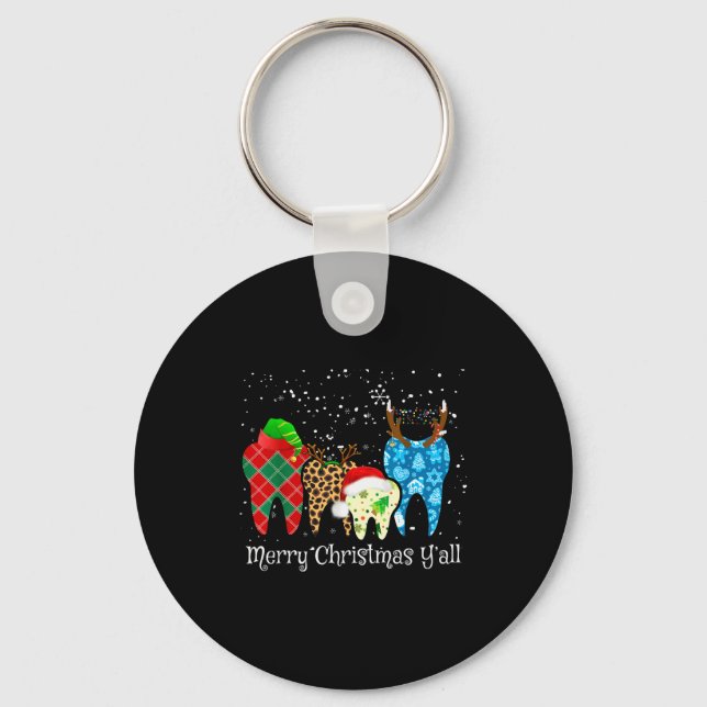 Dentist Teeth Santa Hat Leopard Plaid Dental Merry Key Ring (Front)