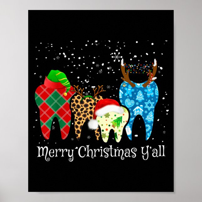 Dentist Teeth Santa Hat Leopard Plaid Dental Merry Poster (Front)