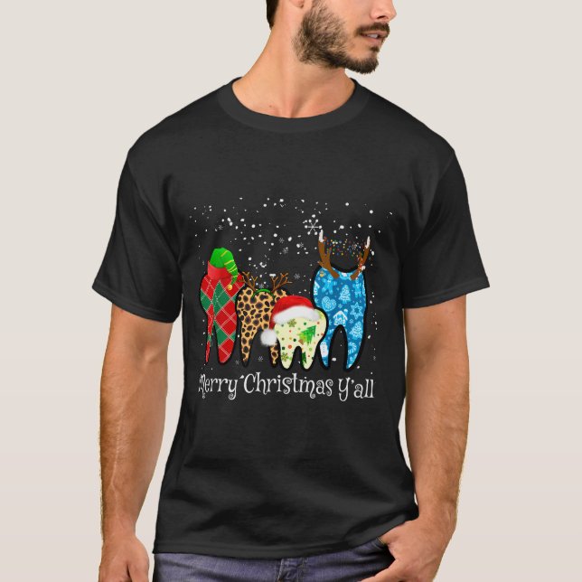 Dentist Teeth Santa Hat Leopard Plaid Dental Merry T-Shirt (Front)