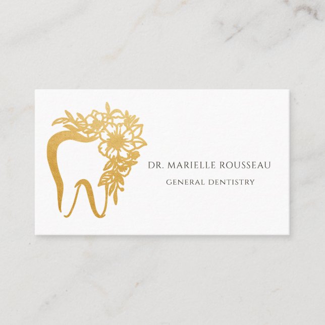 Dentist Tooth Floral Gold Logo Business Card (Front)