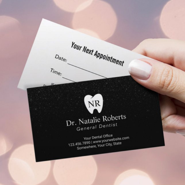 Dentist Tooth Logo Modern Black Glitter Dental Appointment Card (Creator Uploaded)