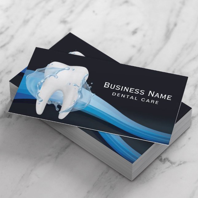 Dentist Tooth Water Splash Navy Blue Dental Care Business Card (Creator Uploaded)