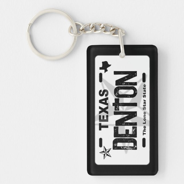 Denton Texas black license plate keychain (Front)