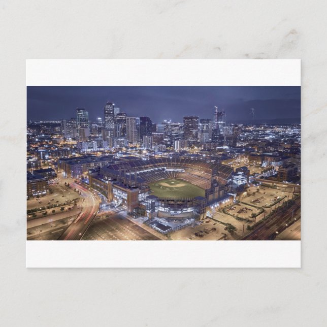 Denver City Skyline and Coors Field at Night Postcard (Front)
