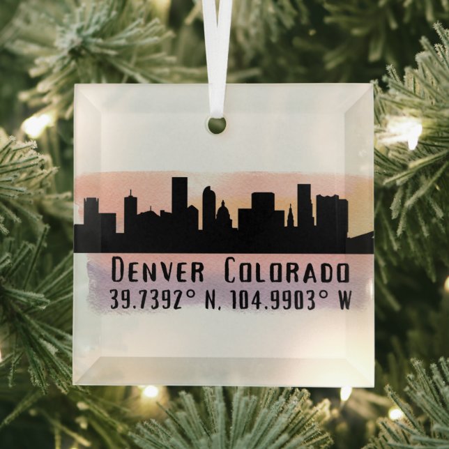Denver CO City Skyline Latitude and Longitude  Glass Tree Decoration (Insitu)