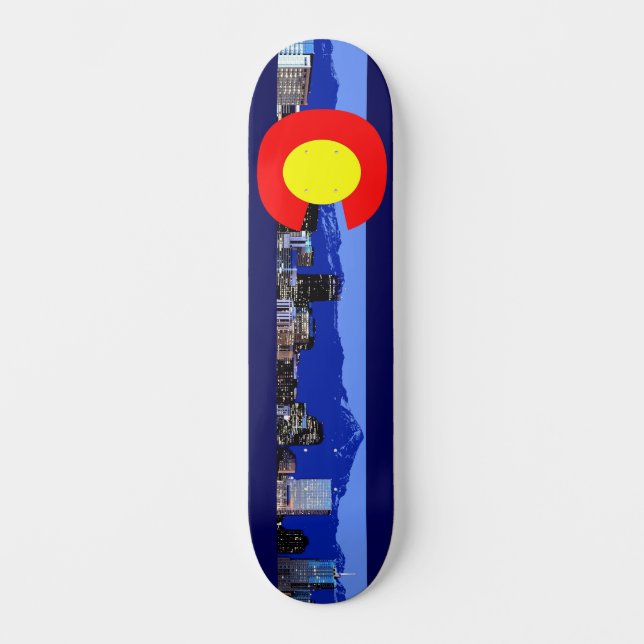 Denver Colorado Flag mountain and city Skateboard  (Front)