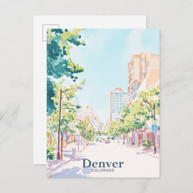 Denver Colorado Gouache Paint Illustration Travel Postcard (Front/Back)