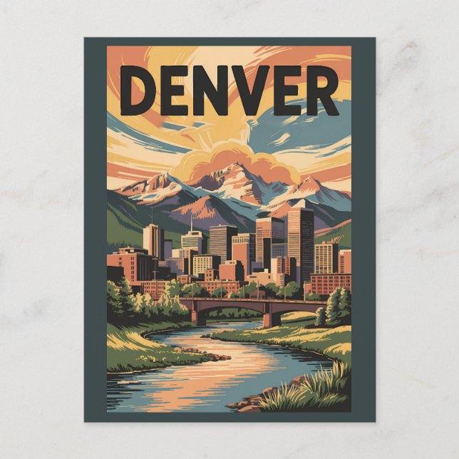 Denver Colorado Illustration Sunset Travel Art Postcard (Front)