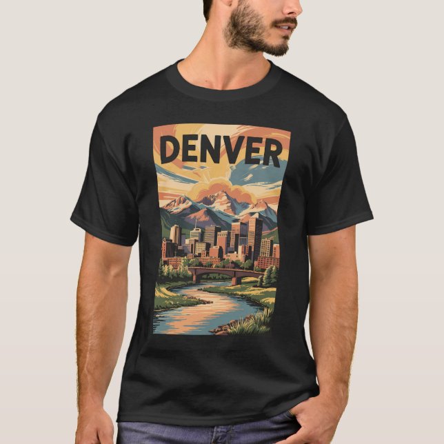 Denver Colorado Illustration Sunset Travel Art T-Shirt (Front)