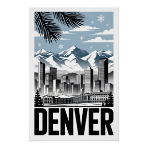 Denver Colorado Skyline Black White Woodcut Poster
