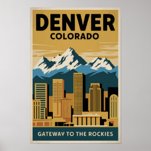 Denver Colorado Skyline Travel Art Vintage Poster