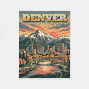 Denver Colorado Skyline Vintage Travel Fleece Blanket