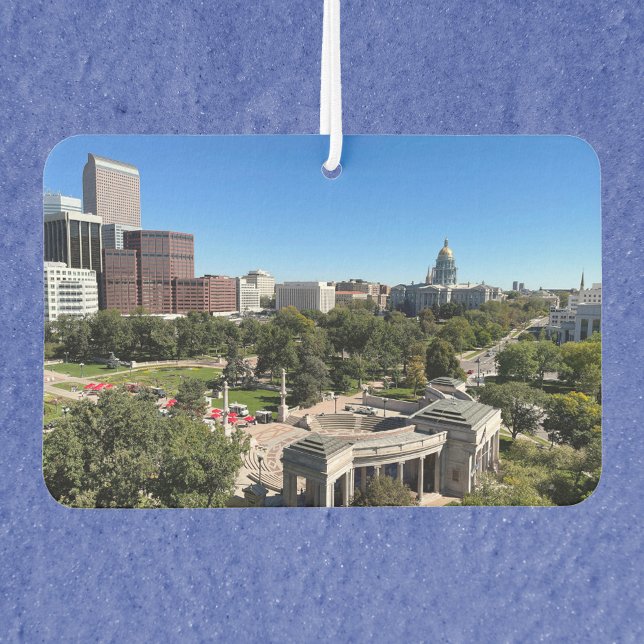 Denver Skyline Colorado Capitol Building Photo Car Air Freshener (An air freshener with a photograph of downtown Denver, Colorado)