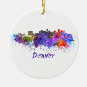 Denver skyline in watercolor ceramic tree decoration