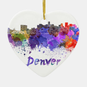 Denver skyline in watercolor ceramic tree decoration