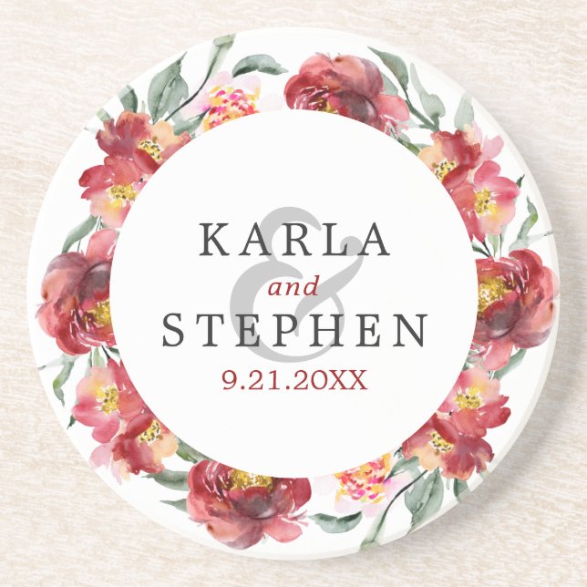 Dep-red garden flowers wreath coaster (Front)