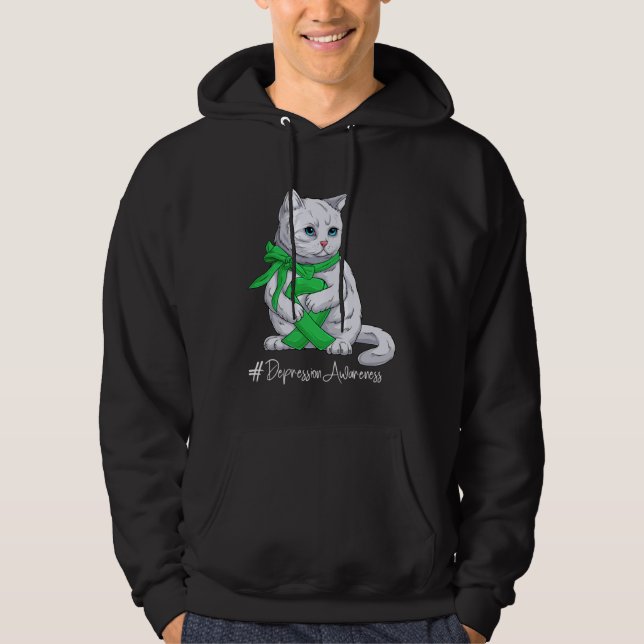 Depression Awareness Month Green Ribbon Cat Hoodie (Front)
