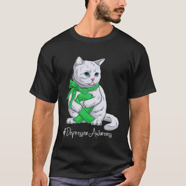 Depression Awareness Month Green Ribbon Cat T-Shirt (Front)