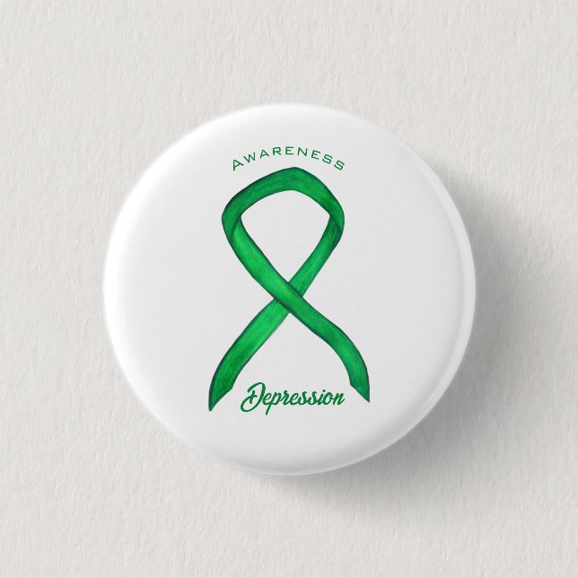 Depression Awareness Ribbon Green Art Pin Buttons (Front)
