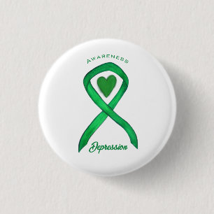 Depression Awareness Ribbon Green Heart Button Pin