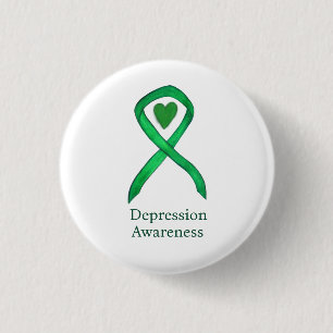 Depression Awareness Ribbon Green Heart Pin Button