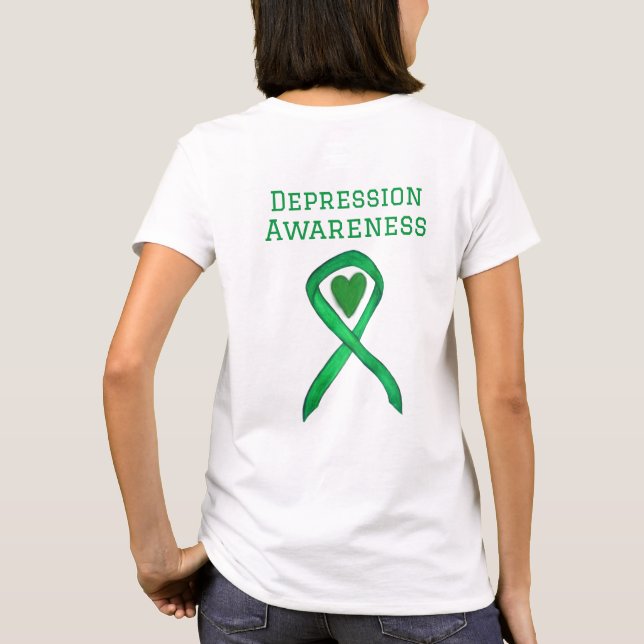 Depression Awareness Ribbon Green Heart Shirts (Back)