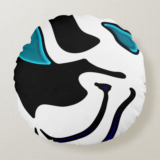 Depth Charge: Abstract Black, White & Blue Round Cushion (Front)