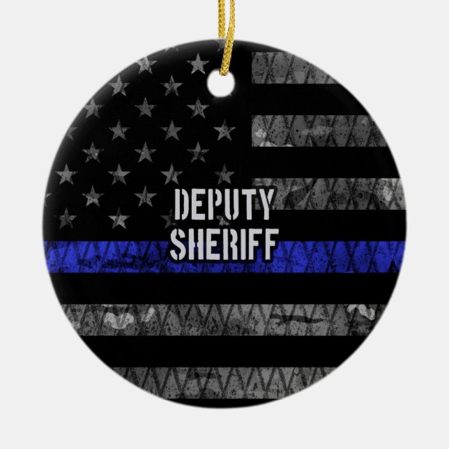 Deputy Sheriff Distressed Flag Ceramic Tree Decoration (Front)