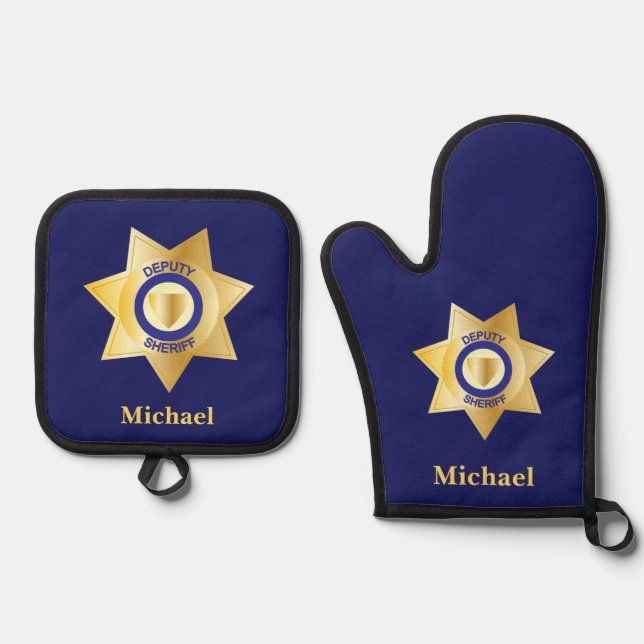 Deputy Sheriff Gold Star Badge Personalised Oven Mitt & Pot Holder Set (Front)
