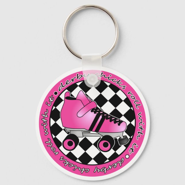 Derby Chicks Roll With It - Hot Pink Black White Key Ring (Front)