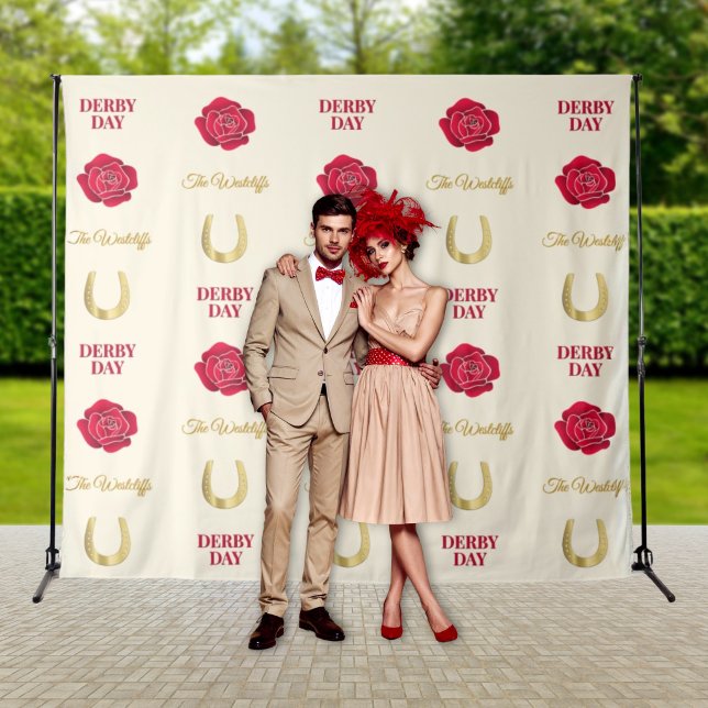 Derby Day Ivory Gold Rose Custom Photo Backdrop Tapestry (Personalized Roses and Horseshoes photo backdrop for your derby party)