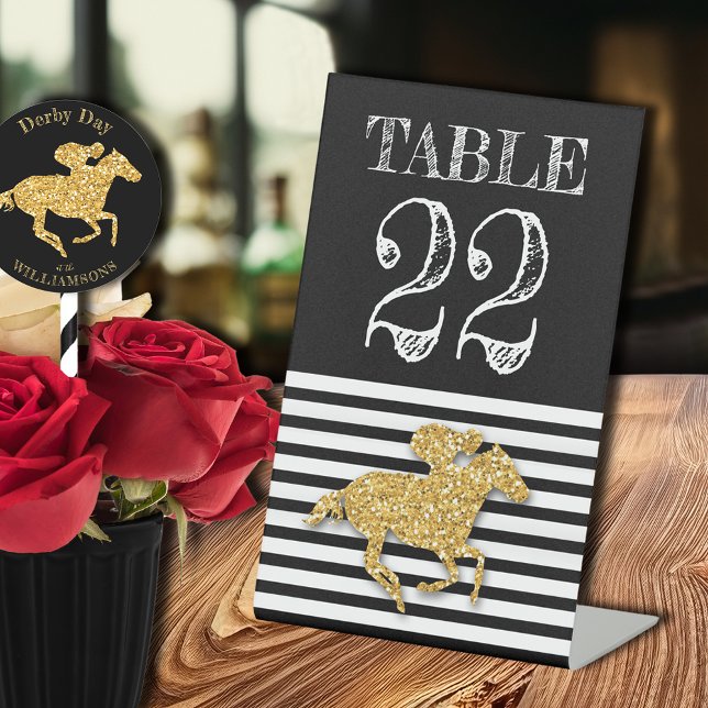 Derby Gold Racehorse and Jockey Table Number Pedestal Sign (Derby table number signs (sticker on the straw sold separately in our collection))