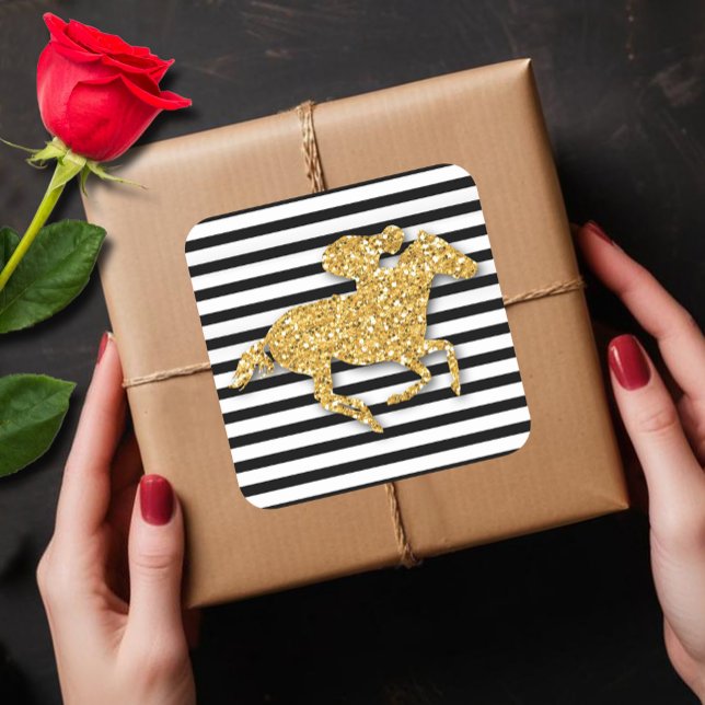 Derby Gold Racehorse Black White Stripes Square Sticker (Faux gold glitter Derby racehorse on black and white stripes square stickers)
