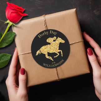 Derby Gold Racehorse on Black Classic Round Sticker