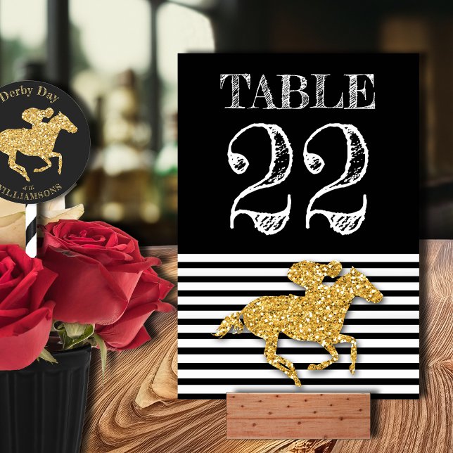Derby Gold Racehorse on Stripes Table Number (Printed on both sides, table number cards and sticker (on the straw) shown sold separately.)